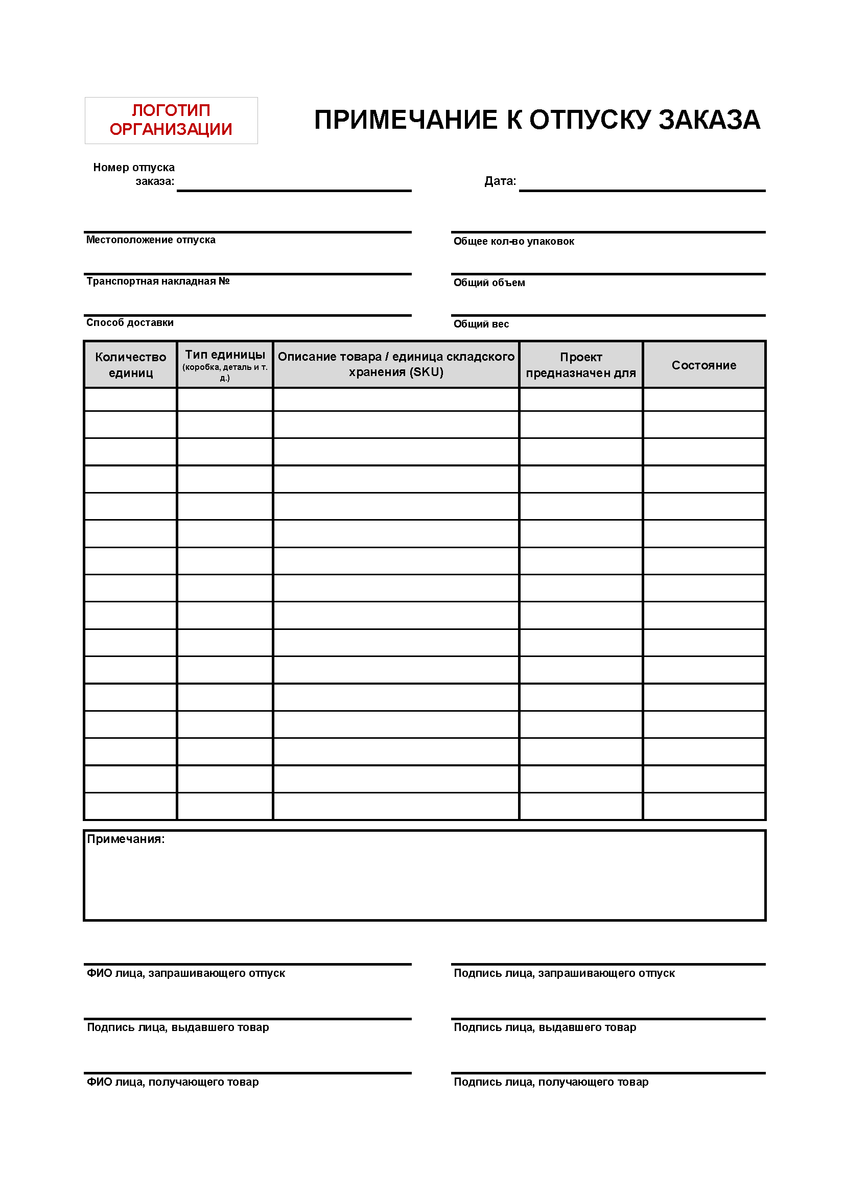 Документация по складированию | Logistics Operational Guide